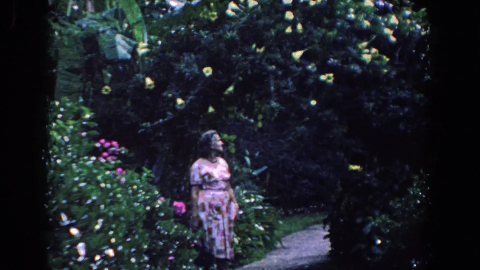 A woman in a pink patterned dress looks upward in a lush Florida garden, framed by dark shrubs and broad leaves.