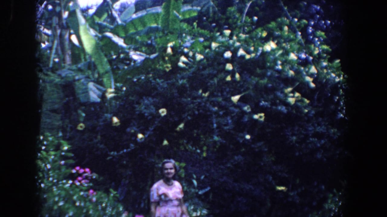 Woman in a pink dress partly framed by dense tropical garden foliage.