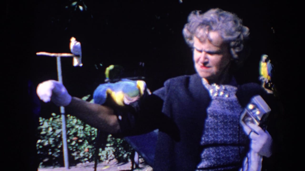 Woman in dark cardigan looks toward a macaw perched on her arm.