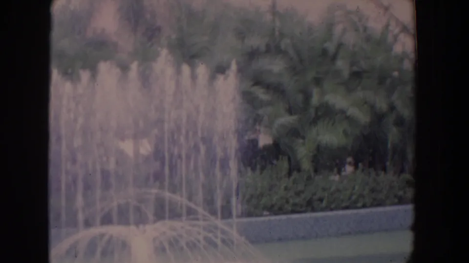 1958 Florida 8mm frame with fountain water jets at left, a low pond border, palm planting, and dense garden greenery.