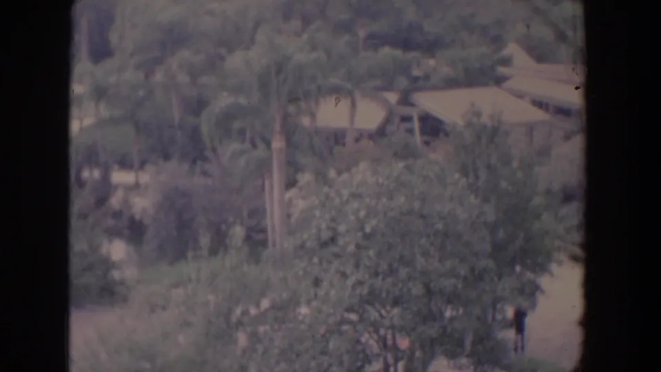1958 Florida home-movie frame of tropical grounds, pale estate roofs, palms, and a distant walking figure.