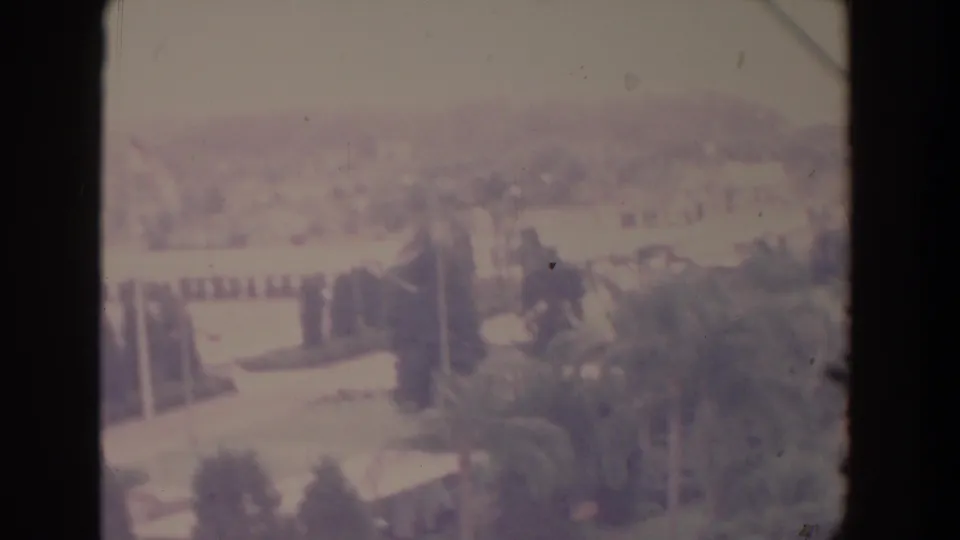 Faded 1958 Florida frame showing palm-lined grounds and a bright open area with small distant birds or figures.