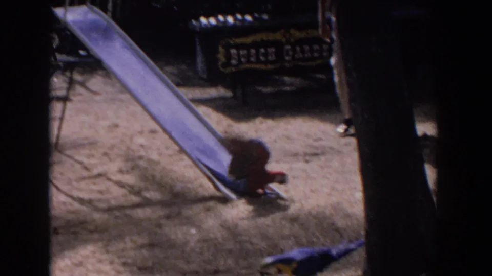 1958 Florida frame showing a parrot at a small playground slide with a Busch Gardens sign visible behind it.