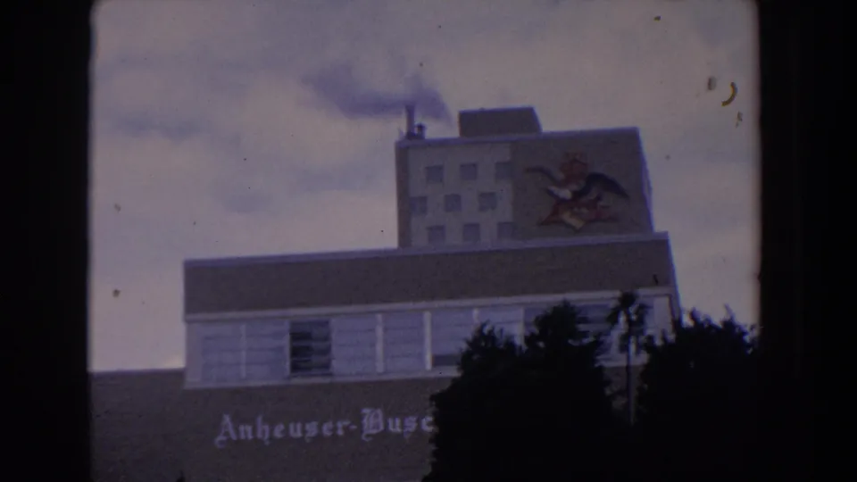 1958 Florida 8mm frame with the Anheuser-Busch plant shifted lower in view, showing the eagle logo, chimney smoke, facade windows, and trees.