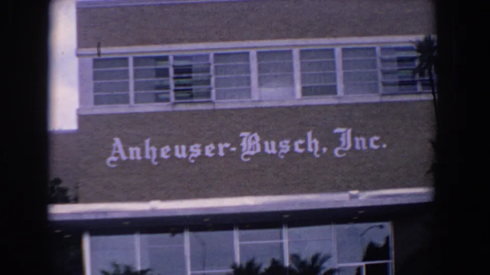 1958 Florida 8mm frame showing the Anheuser-Busch, Inc. wall sign, upper windows, and part of a modern commercial facade.