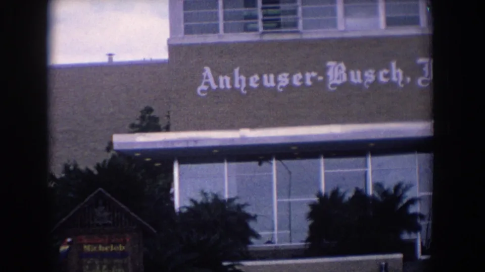 1958 Florida 8mm frame with a partial Anheuser-Busch, Inc. sign, mid-century windows, palm trees, and slight film-frame cropping.
