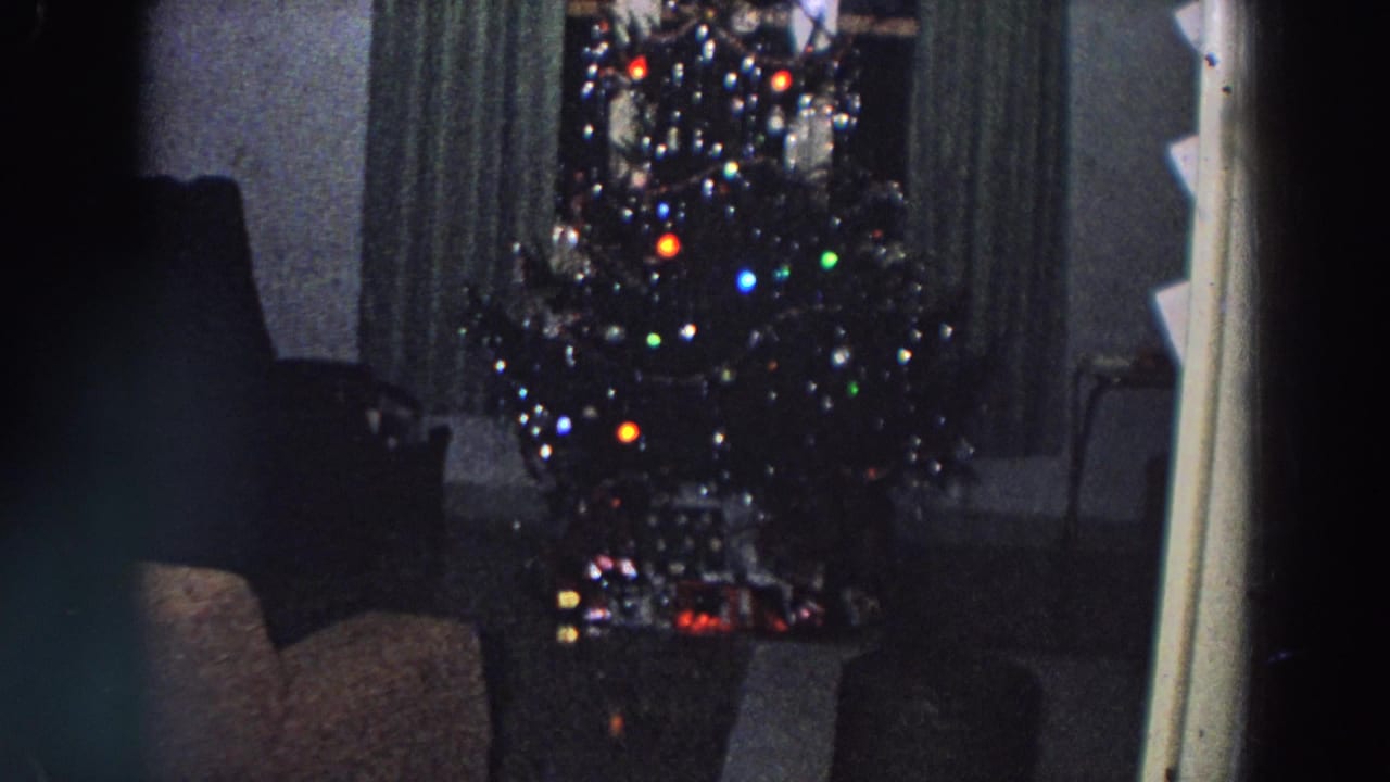 Large decorated Christmas tree with colored lights in a dim living room.