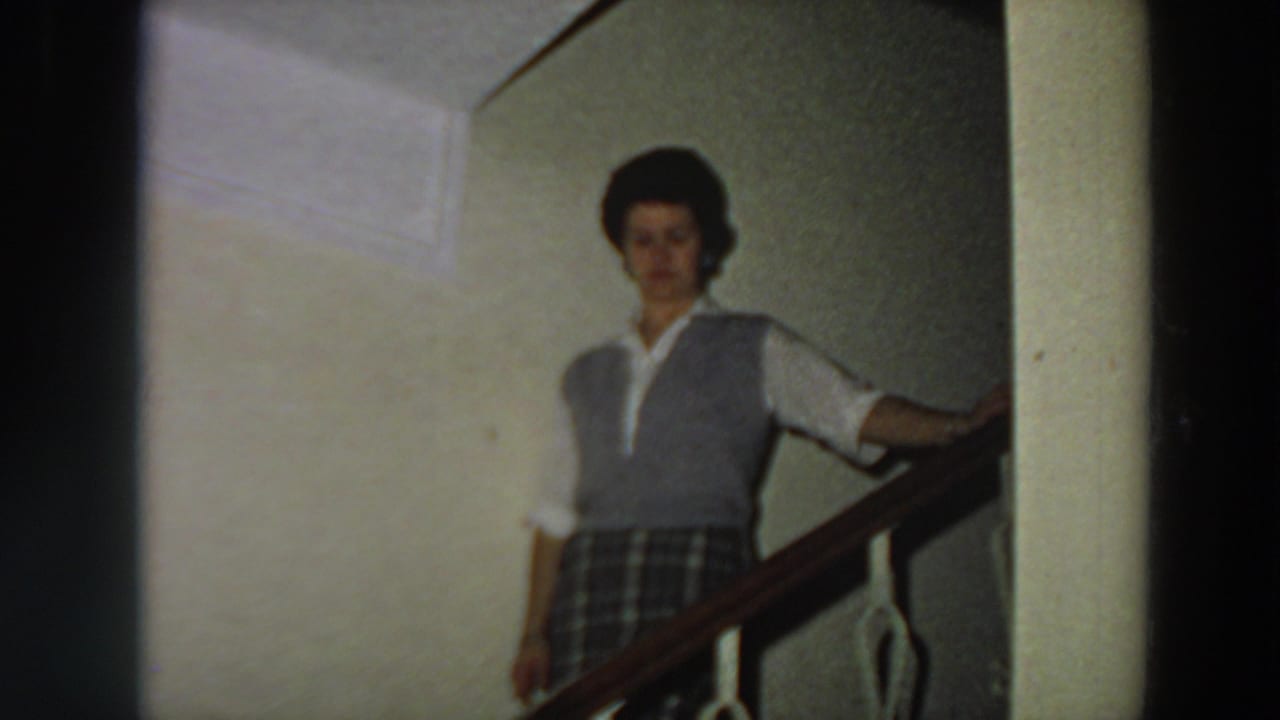 Adult woman in a grey vest, white blouse, and plaid skirt stands or descends on an indoor staircase in Italy, 1958.