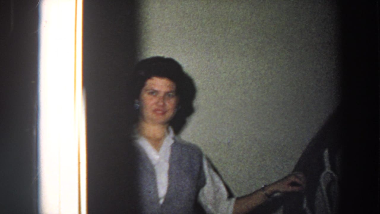 Woman in blouse, vest, and plaid skirt faces the camera near a stair railing, with a bright vertical door edge at left.