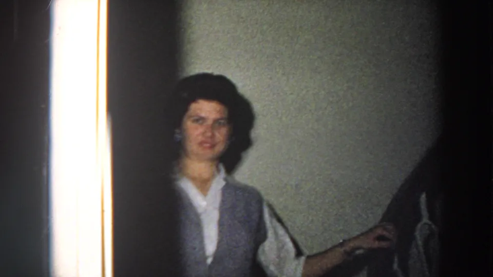 Woman in blouse, vest, and plaid skirt faces the camera near a stair railing, with a bright vertical door edge at left.