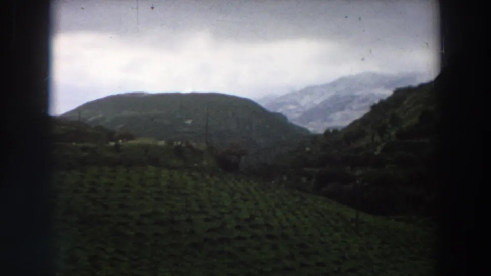 Wide 1958 home-movie view across Italian green fields toward a shadowed hillside and pale mountains partly obscured by cloud.