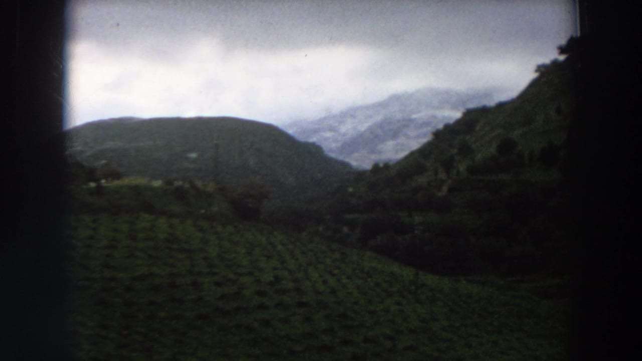 8mm frame of rural Italy with green planted hillside rows, a distant rounded hill, misty mountains, and heavy dark film borders.