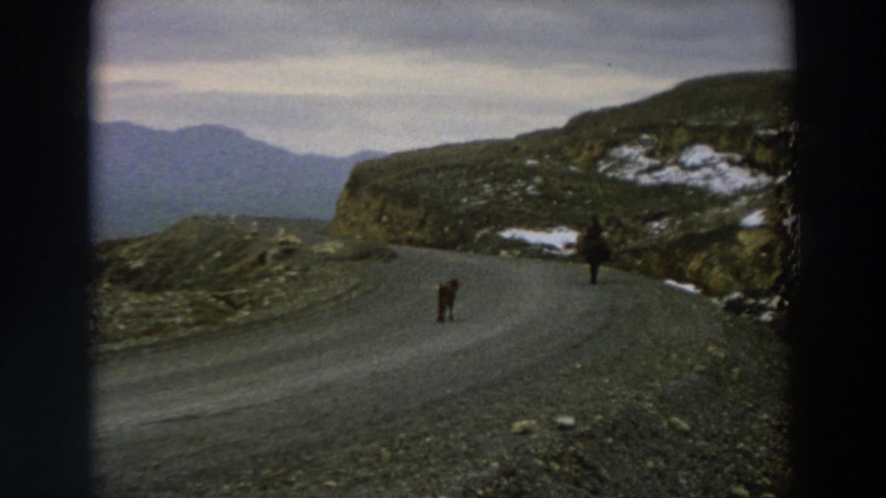 1958 Italy 8mm frame showing a rider on horseback ahead of a small animal on a winding gravel mountain road.