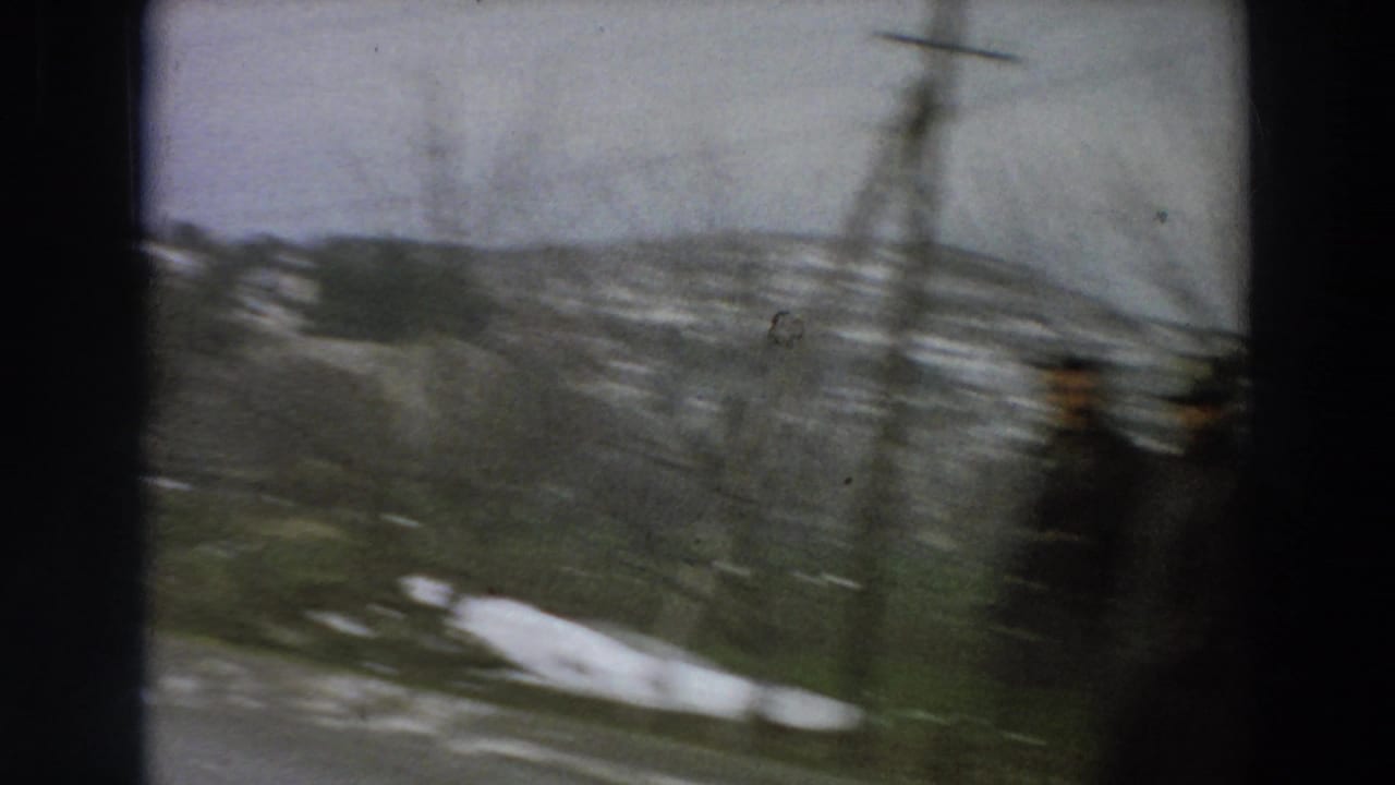 A blurred vehicle-shot frame catches a dark-coated figure, roadside vegetation, utility pole, and snow patches against hilly winter terrain.