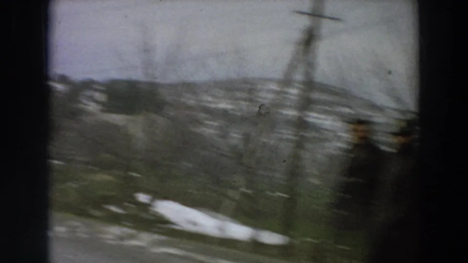 A blurred vehicle-shot frame catches a dark-coated figure, roadside vegetation, utility pole, and snow patches against hilly winter terrain.