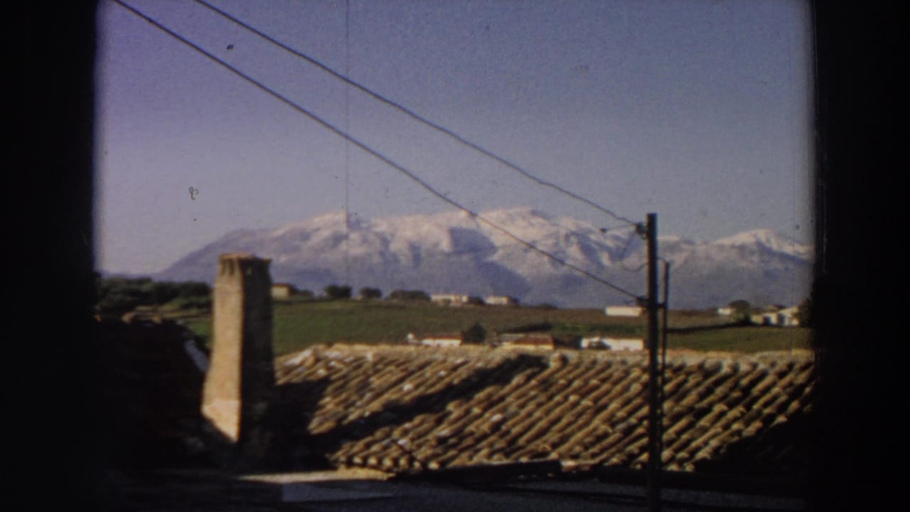 Power lines cross a rooftop view toward green fields and snowy mountains.
