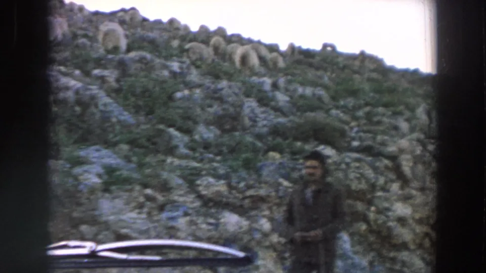 1958 Italy travel footage frame with a man on a rocky hillside, sheep higher on the slope, and the car wiper crossing the foreground.