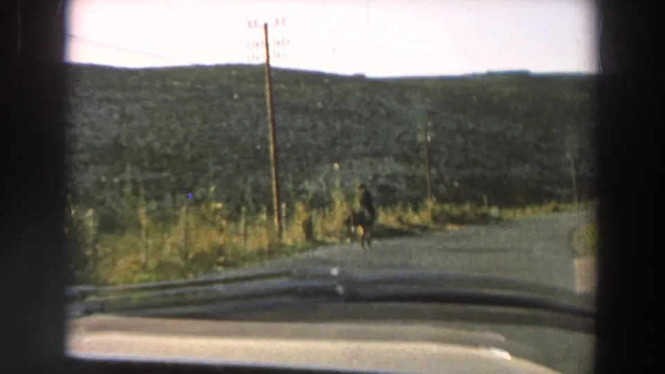 1958 home-movie frame from inside a car, showing a distant horse-drawn buggy on an Italian rural road with poles and hills.