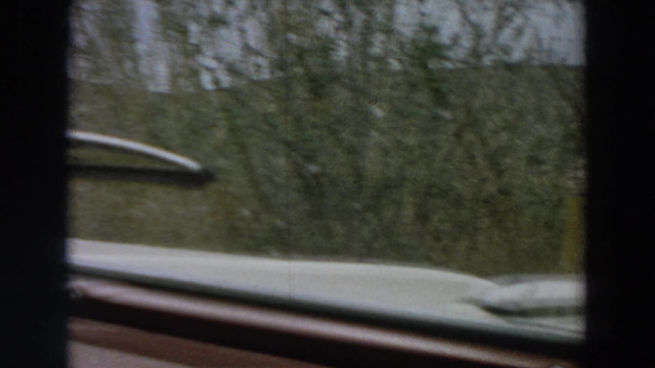 View through the moving car window in Italy, showing a red door panel, pale roof edge, trees, and rough hillside beyond.