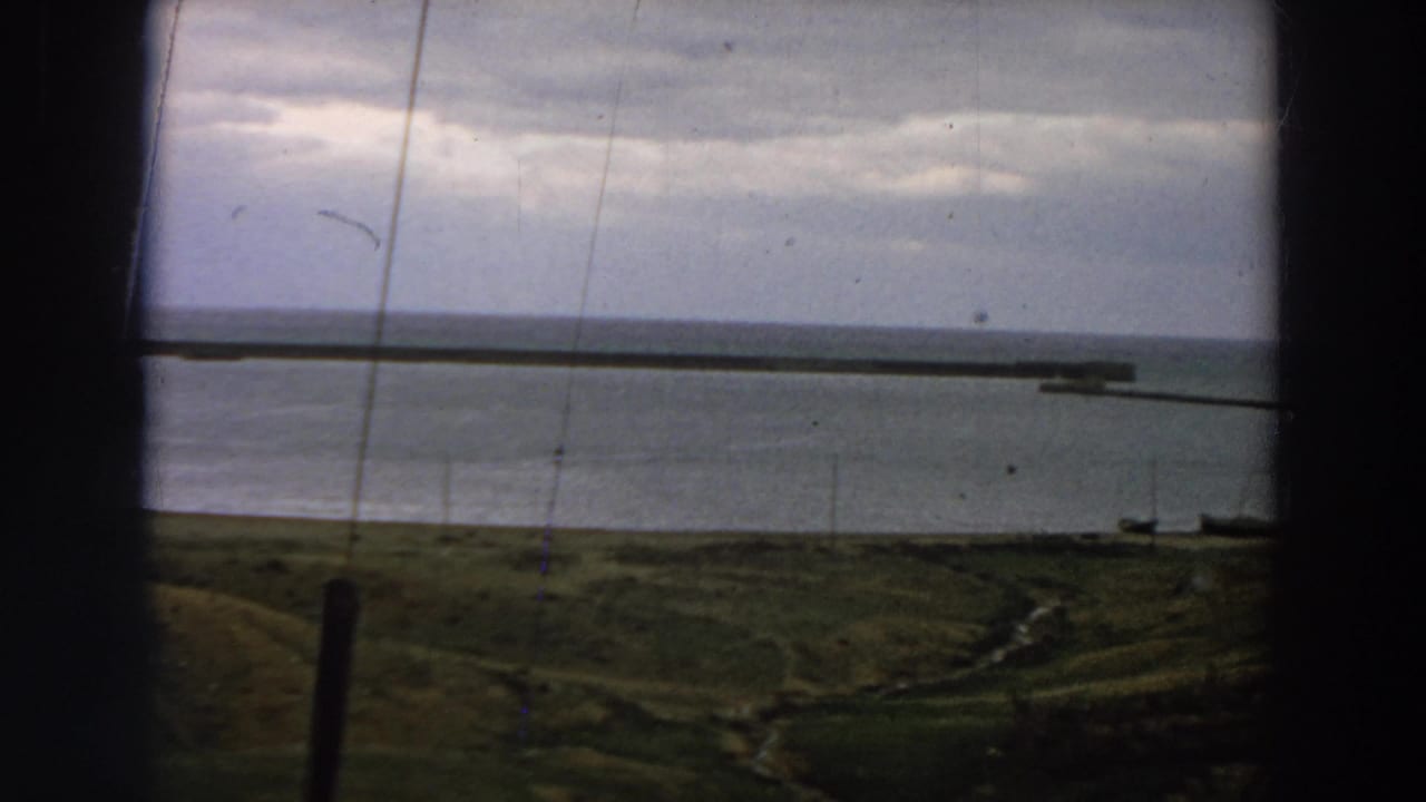 A 1958 Italy coastal harbor view shows calm water, a long pier, shoreline grass, and dark framing in the foreground.