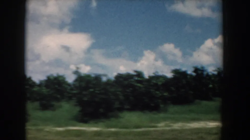 Late frame from a 1958 South Carolina 8mm drive, showing a low tree line, grassy verge, and cloud-filled sky.