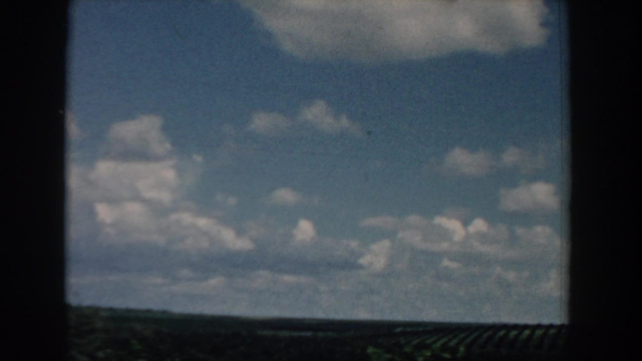 Open sky and cumulus clouds above distant flat fields.