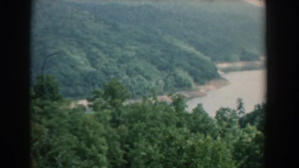 1958 South Carolina landscape frame with dense green trees, a wooded slope, and a muddy river bend seen from a high vantage point.