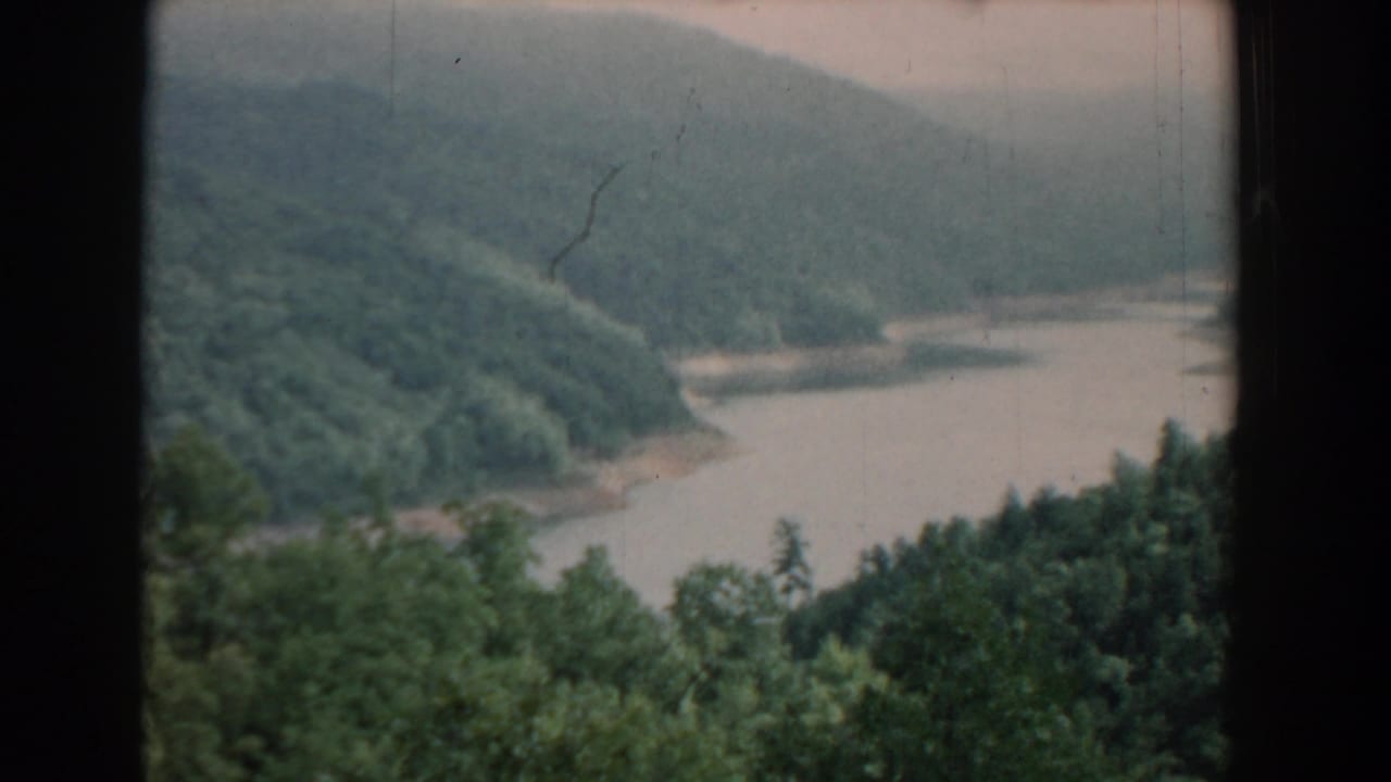 River valley bordered by wooded slopes and foreground treetops.