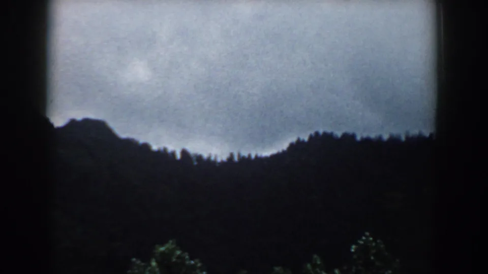 1958 South Carolina 8mm frame of a dark wooded hillside and foreground treetops under gray clouds.