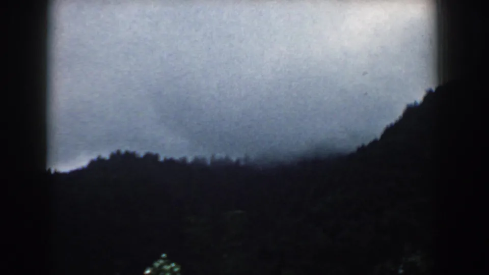1958 South Carolina 8mm view of a sloping wooded hillside beneath a heavy gray sky, with muted color and soft exposure.