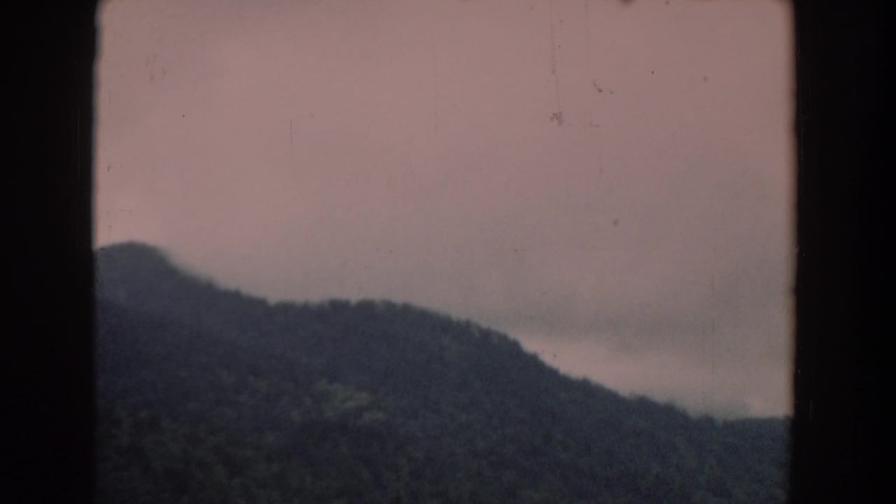 Dark wooded hills under an overcast sky, divided by a black window frame.