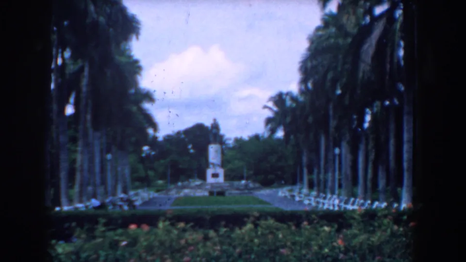 1958 South Carolina home-movie view of a palm-lined garden path leading toward a central monument, with hedges and white benches.