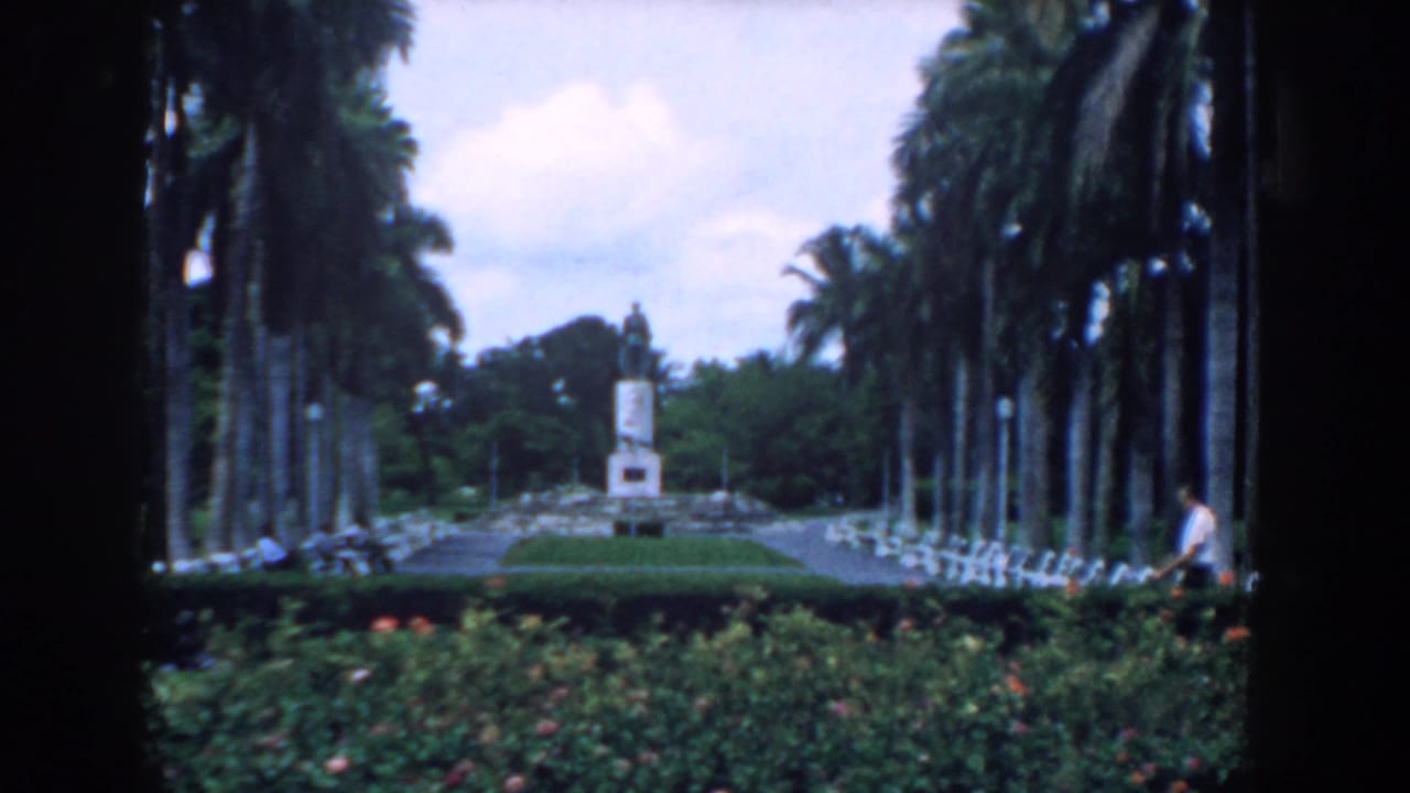 1958 South Carolina 8mm frame showing a formal garden walkway lined with palms and benches, with a distant monument and an adult man nearby.