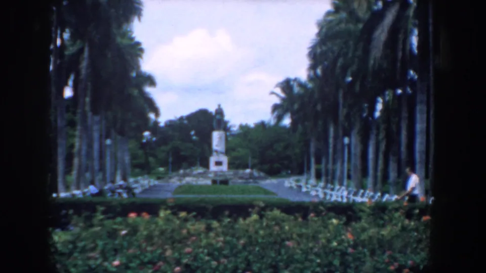 1958 South Carolina 8mm frame showing a formal garden walkway lined with palms and benches, with a distant monument and an adult man nearby.