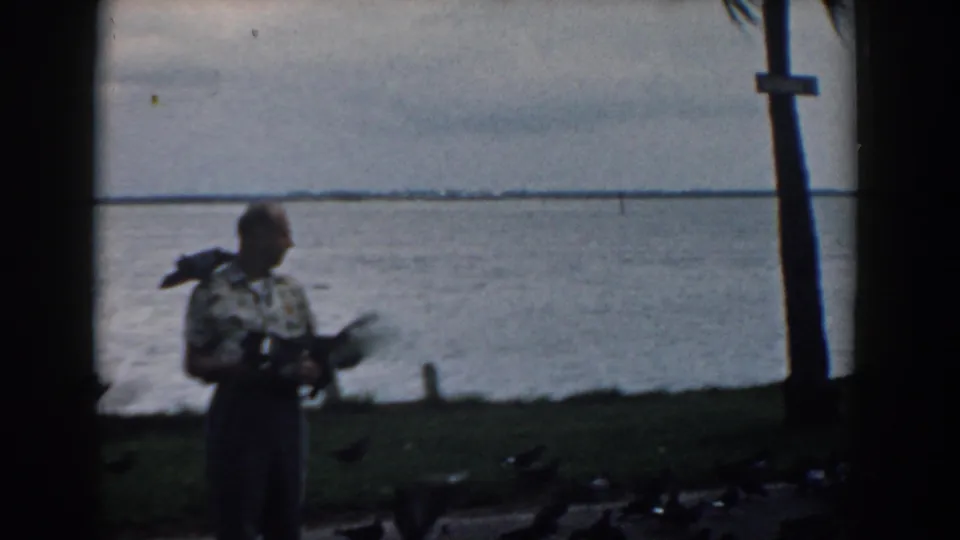 The man turns slightly beside the water while several birds gather near the shoreline in this 1958 home-movie frame.