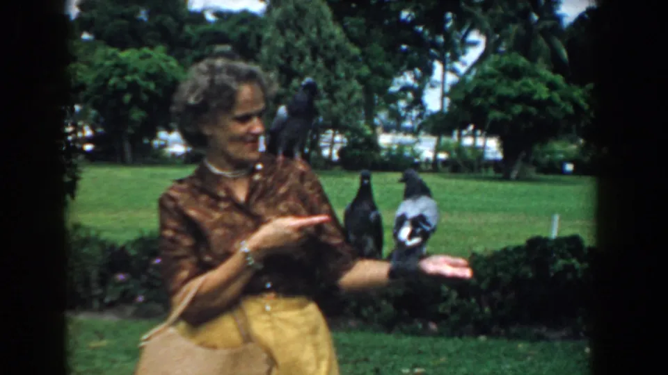 A woman in 1950s dress holds out her hand as pigeons perch and move around her in a South Carolina park.