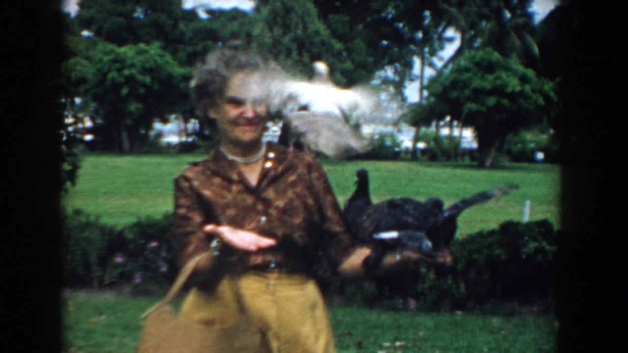 Woman in a park smiles with pigeons perched on her arm and near her head.