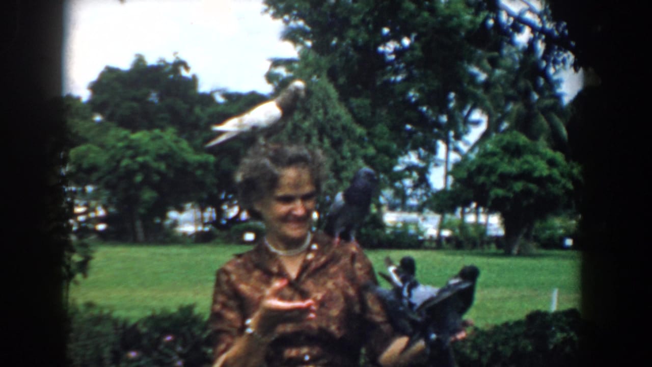 A woman in 1958 South Carolina home-movie footage holds out her hand while pigeons perch on her head and shoulder.