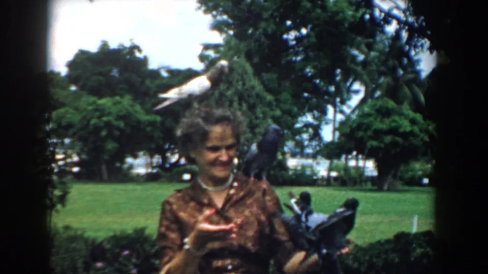 A woman in 1958 South Carolina home-movie footage holds out her hand while pigeons perch on her head and shoulder.