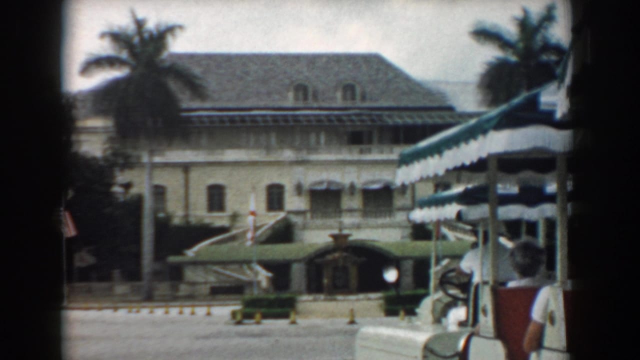 Tan building with sloped roof, striped awning, palm trees, entrance canopy, and American flag.