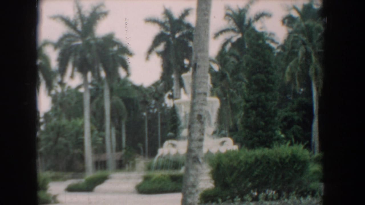 White tiered fountain among hedges and palm trees, seen through dark 8mm frame edges.