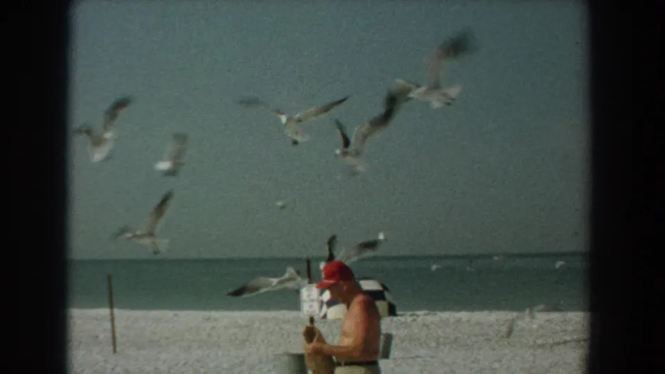 Gulls fill the upper frame while the shirtless man in a red cap stands below them on the supplied 1958 Yorktown beach footage.