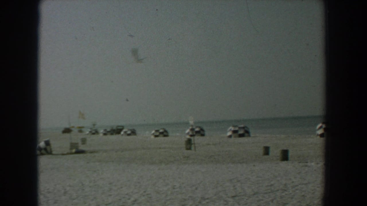 Wide sandy beach with checkered umbrellas near a calm sea under a muted sky.