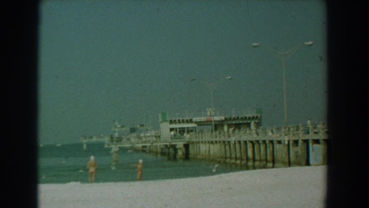 Long pier extending over calm water with people on the beach.