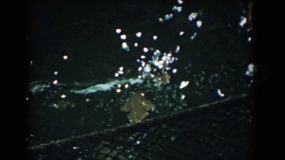 1958 Yorktown 8mm frame with dark water, a partly submerged net, a floating leaf, and small surface debris.