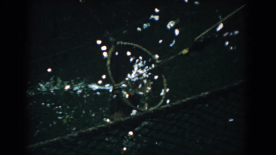 1958 Yorktown frame with a wheel-like circular detail, crossing rods, dark background, and glints of reflected light.