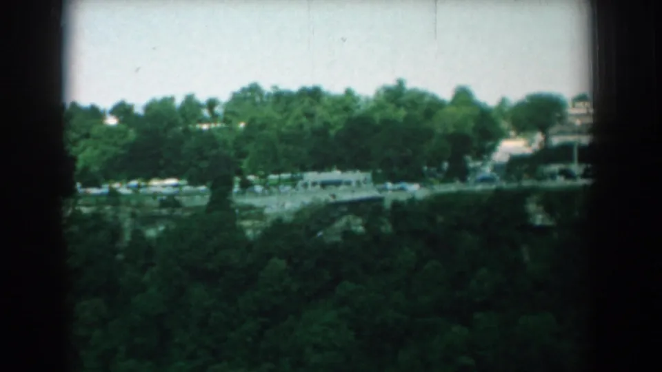 Soft 8mm frame of Yorktown, Virginia, with treetops filling the foreground and a distant light road or retaining wall near low buildings.