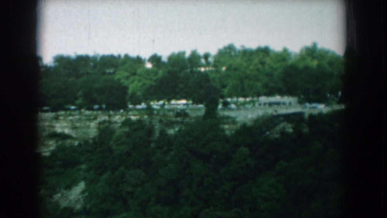 Similar tree-lined water view with dark vertical film border at center.