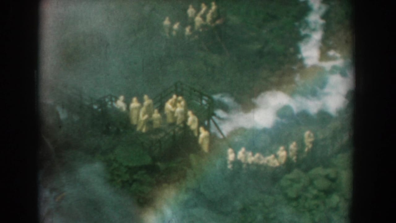 People in yellow clothing on a raised wooded platform with mist behind them.