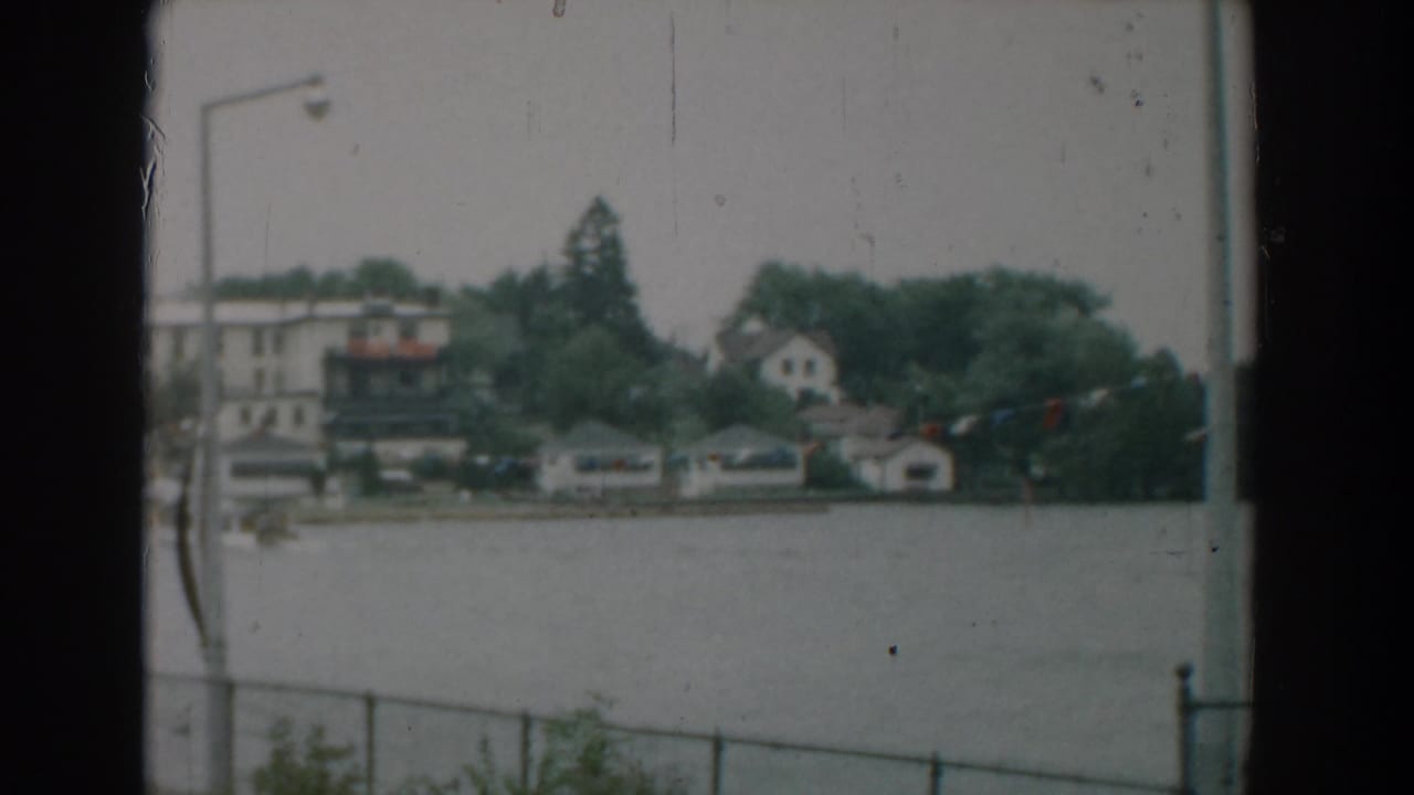 Distant shoreline with houses and boathouses across water, framed by trees and a foreground lamp post.